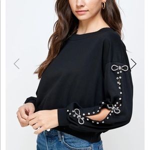 💎 Rhinestone Ribbon Sleeve Sweater